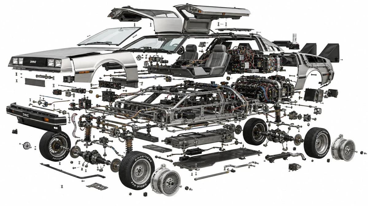 An exploded view of a vehicle showcases its internal structure with all mechanical parts suspended and aligned against a white background