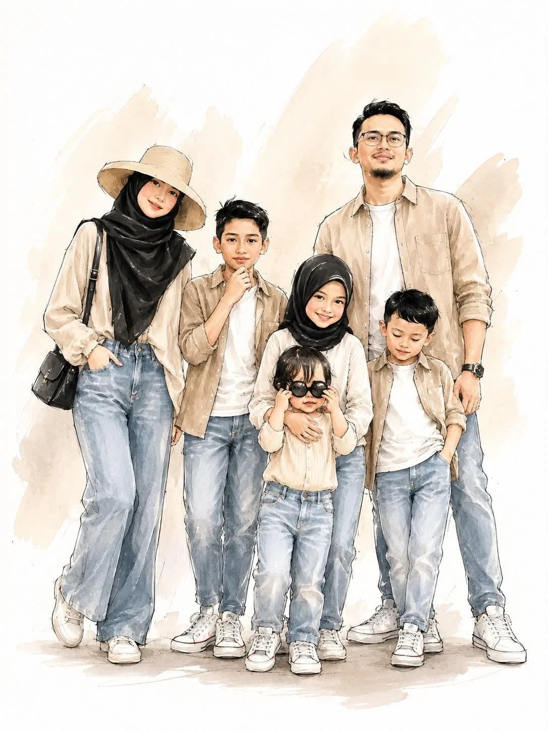 GPT Image 2 prompt example showing a family fashion watercolor sketch with parents and children on a clean white background