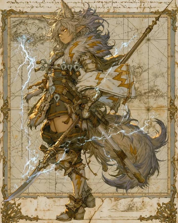 Fantasy Fox Spirit Warrior Concept Art with fox-ear warrior design, lightning effects and ornate fantasy gear