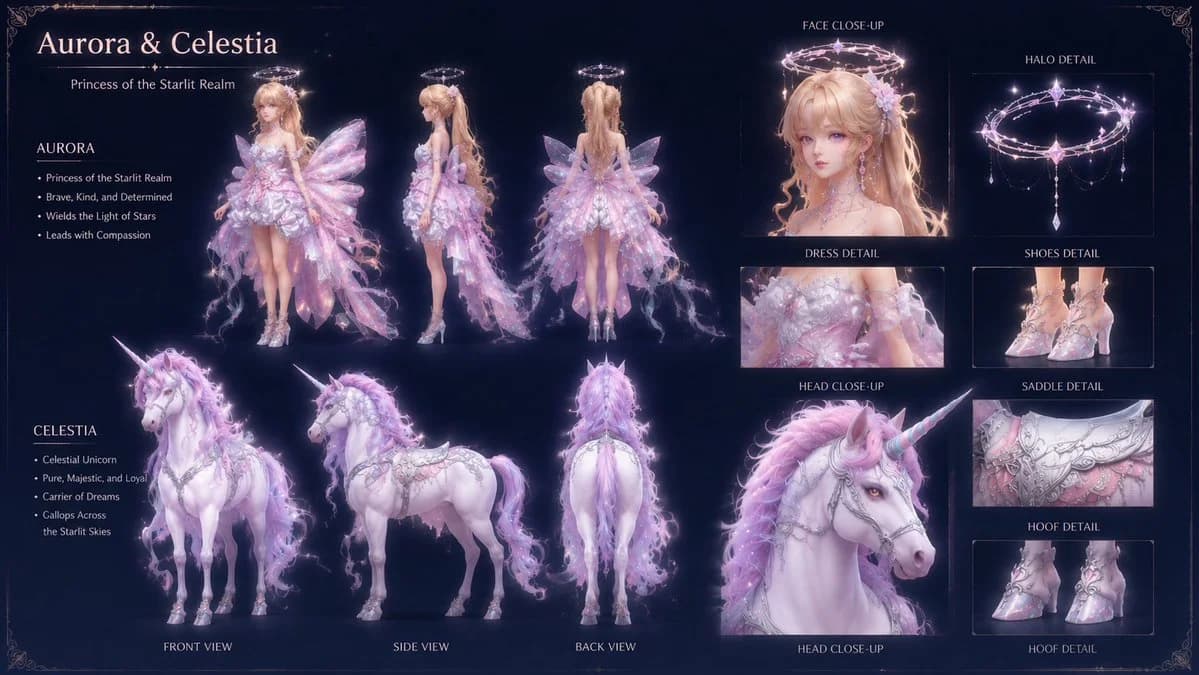 AAA fantasy game character design sheet featuring a celestial princess on a unicorn with structured panels and editorial concept art layout