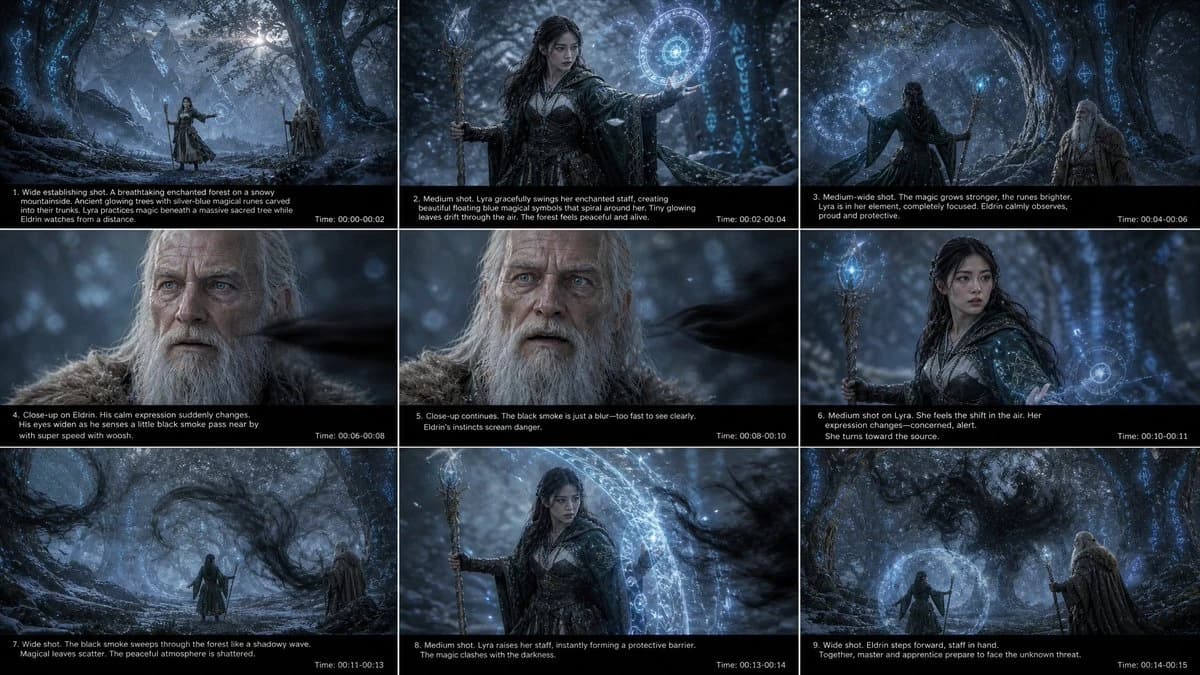Fantasy mage storyboard grid with snowy forest panels, blue magic effects and cinematic scene captions