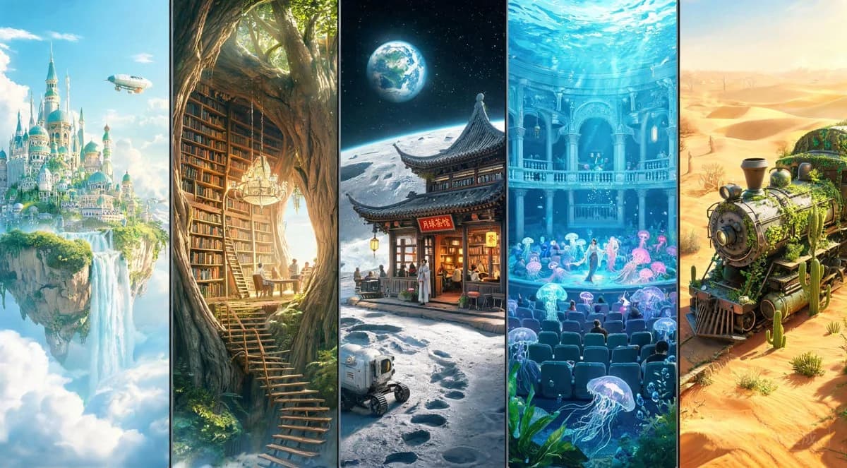 Fantasy Multi-panel World Scenes with sequential panels, cinematic framing, and clear storytelling layout