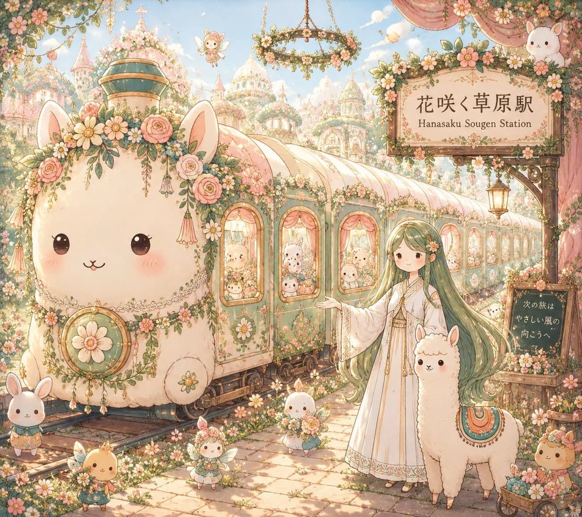 Whimsical fantasy railway world transformation with mascot creatures, stations, and storybook detail