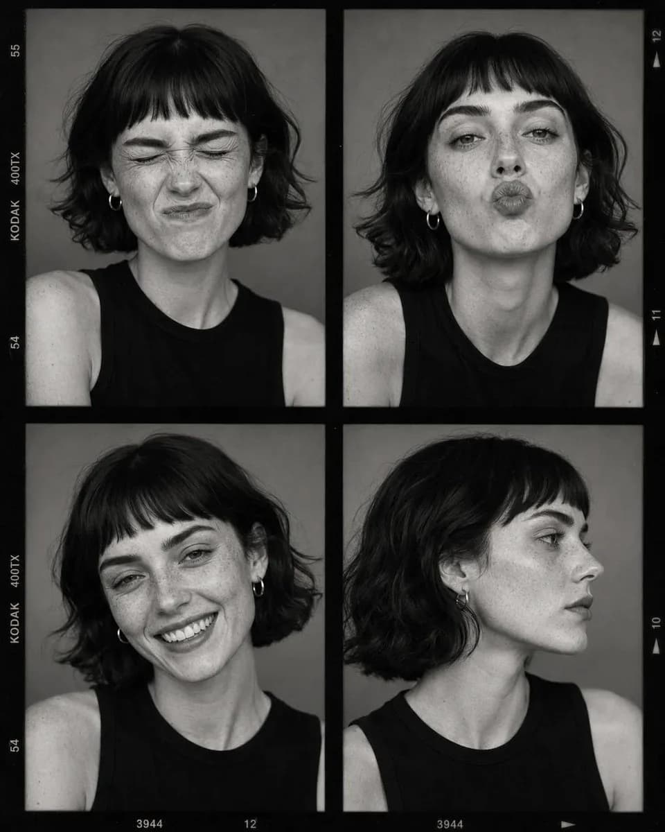 Fashion casting contact sheet with multiple portrait frames of one model, editorial lighting and consistent styling notes