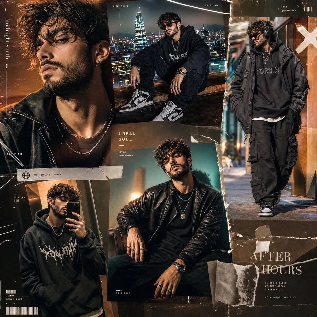 A young bearded male model showcases various cinematic portrait styles in a bold, dark fashion collage featuring luxury streetwear