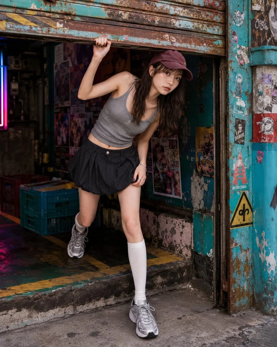 Fashion portrait framed beneath a metal garage shutter with directional street light
