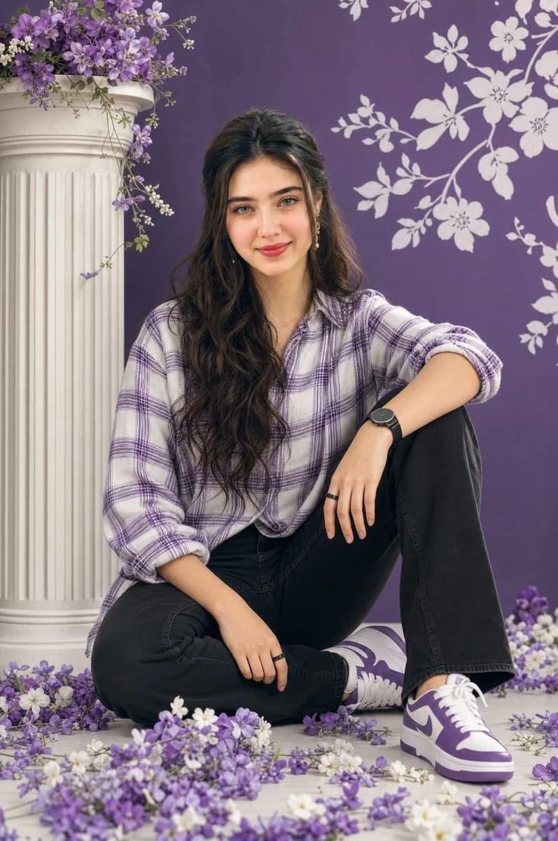 Fashion Studio Portrait with Floral Accents with realistic portrait lighting, expressive subject detail and polished editorial photography