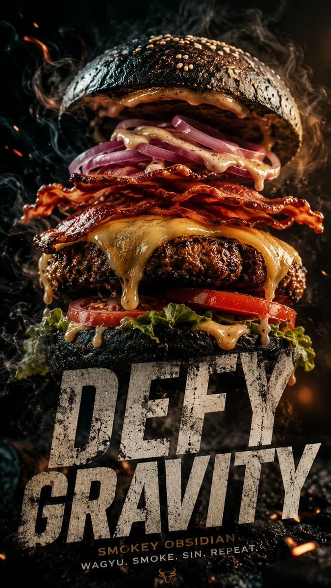 A towering "Smokey Obsidian" burger with a charcoal brioche bun, seared Wagyu patty, and crispy bacon, set against a dark, smoky backdrop