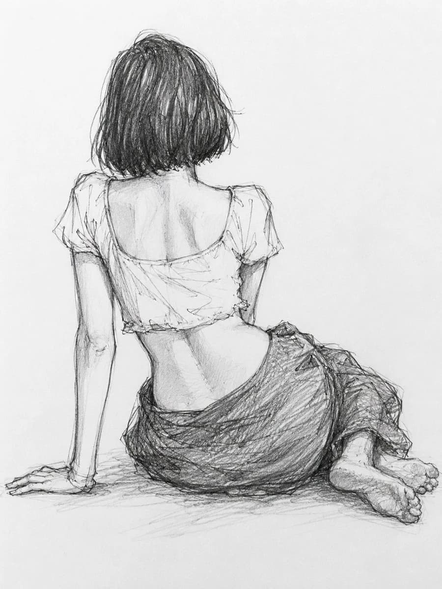 Pencil gesture sketch of a female figure, emphasizing pose, proportion, and expressive line work on a clean page.