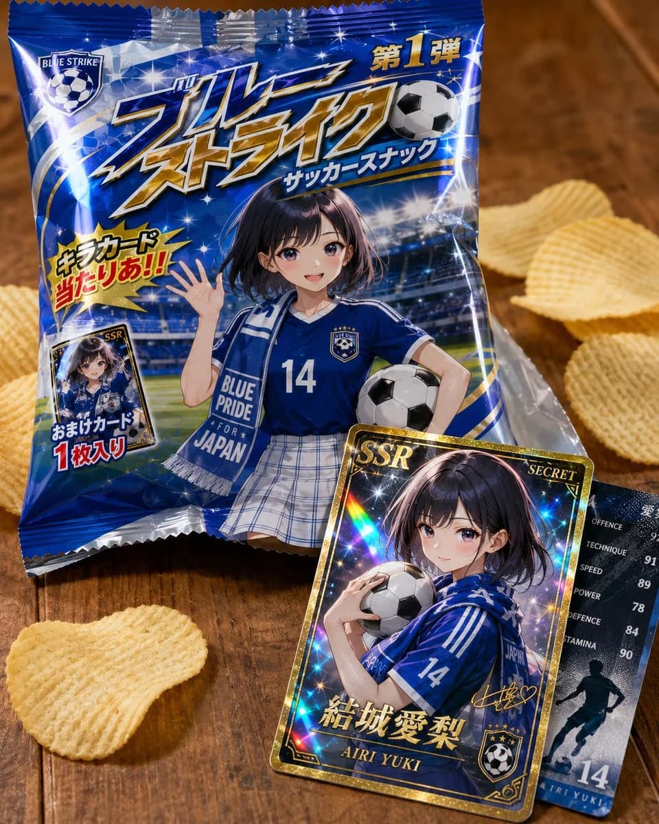 A glossy blue snack bag featuring an anime-style soccer fan and a collectible trading card rests on a wooden table beside potato chips.