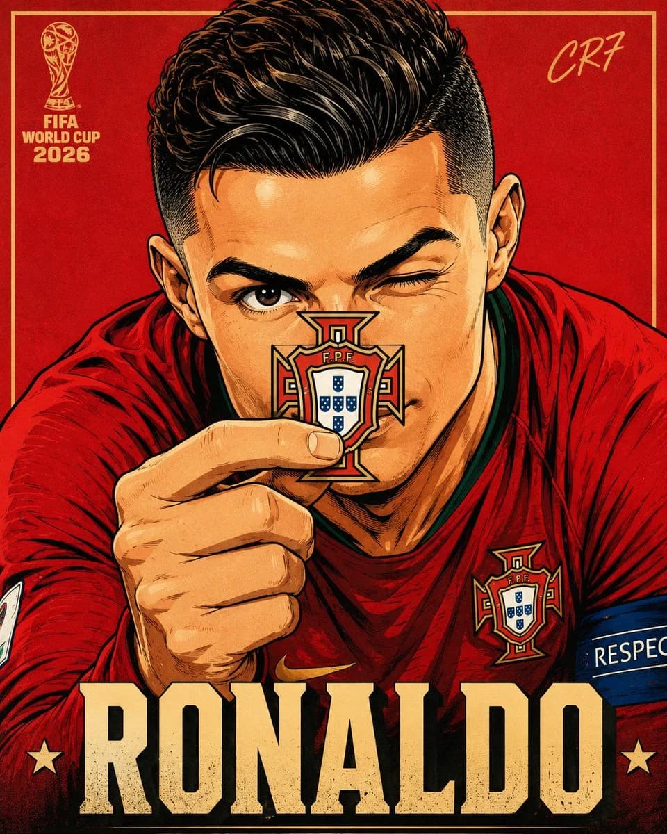 FIFA World Cup anime poster portrait with retro manga styling, national emblem detail, and bold headline text