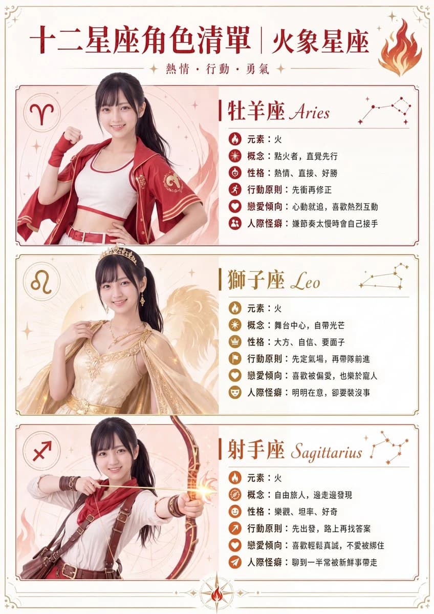 A vertical infographic poster features a young East Asian woman representing the fire zodiac signs Aries, Leo, and Sagittarius, each in distinct costumes against a cream parchment