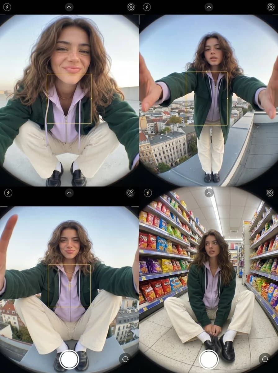A fashion diary triptych of fisheye smartphone photos showing streetwear poses, wide-angle distortion, and casual styling
