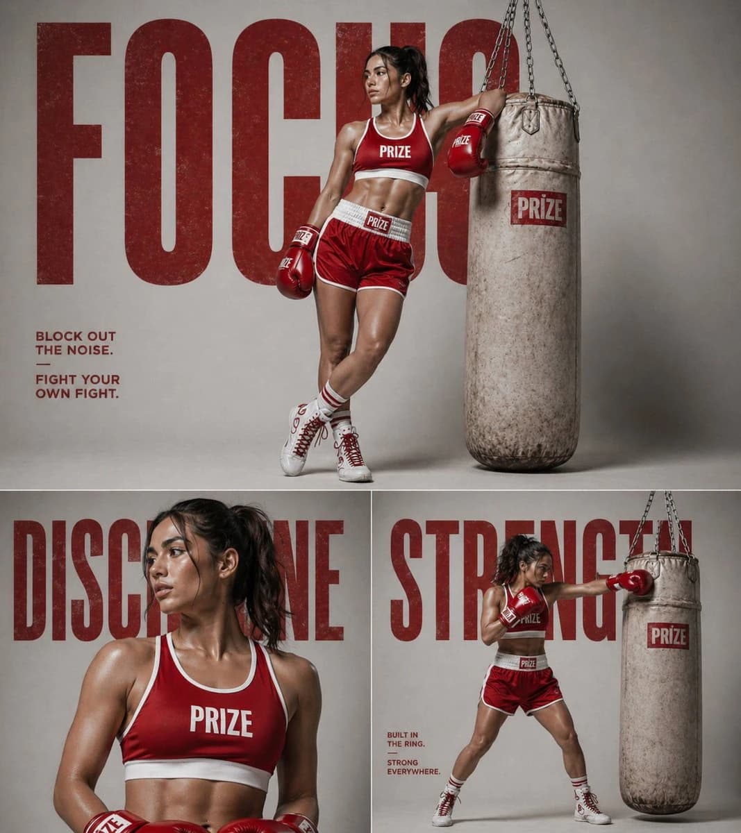 A strong athletic woman boxer in a red outfit leans against a punching bag, with bold typography emphasizing "FOCUS" in a dramatic studio setting