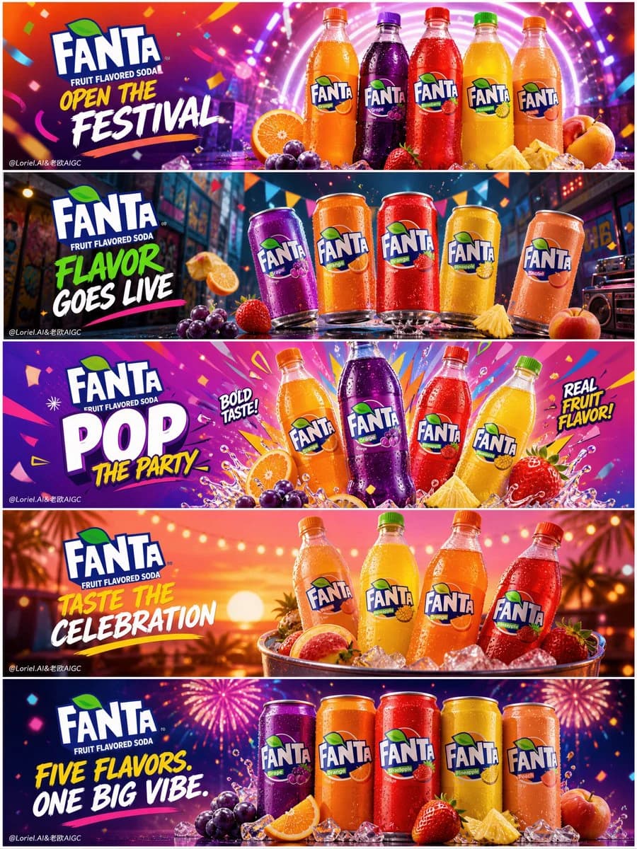 Five-Panel Beverage Marketing Campaign ad creative visual