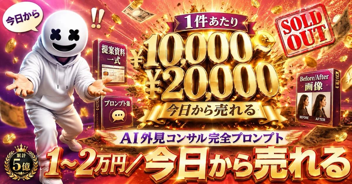 Glossy Japanese social-media sales banner for an AI appearance consulting prompt package
