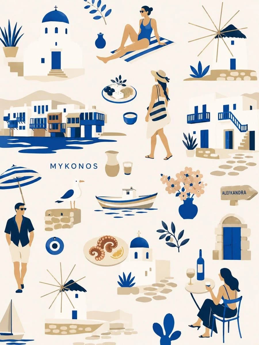 A seamless flat-vector collage features iconic Mykonos landmarks, local culture, and vacation scenes in a blue and beige color palette