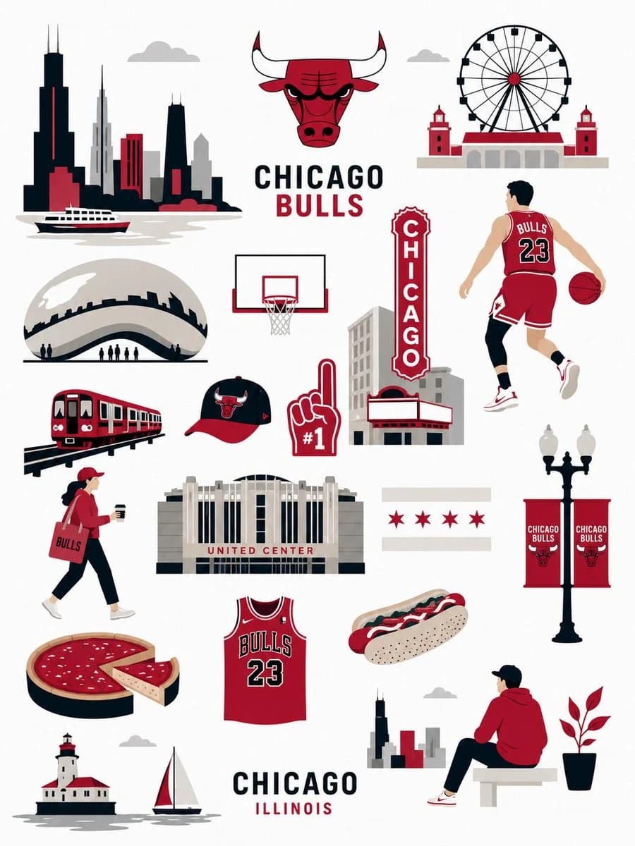 A seamless flat-vector illustration features Chicago Bulls themes, including iconic landmarks, local culture, and sports elements in a collage style