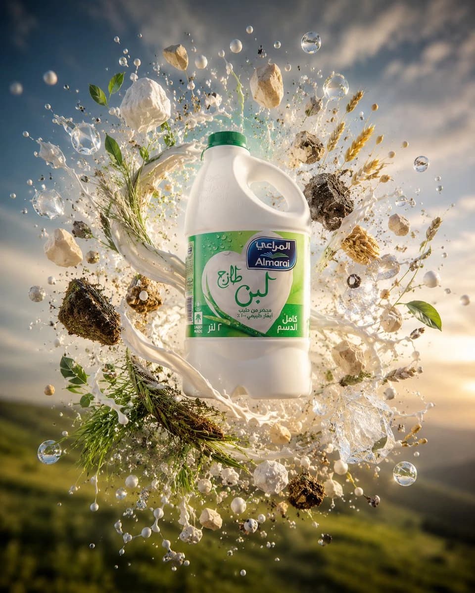 Floating Almarai milk splash advertisement with a white milk jug, dynamic dairy splash, and premium cinematic lighting.