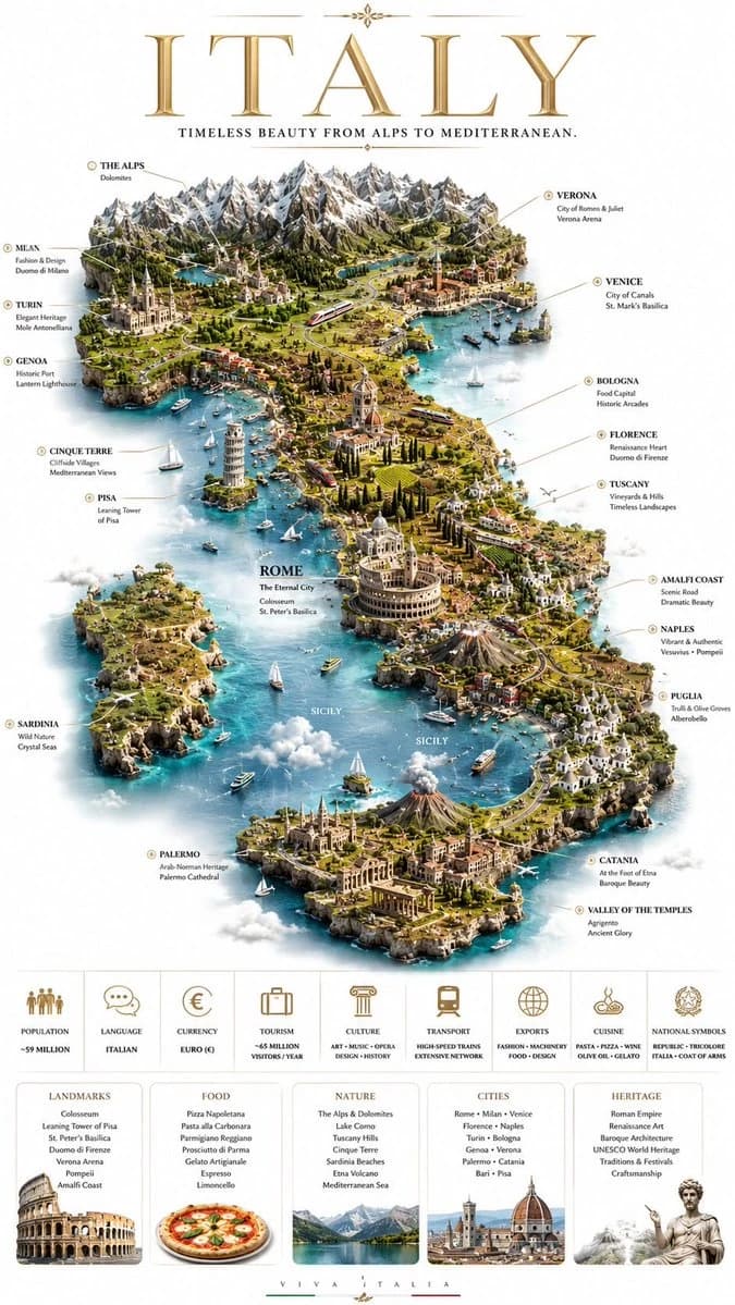 A hyper-realistic travel poster of Italy showcases a floating island map with dramatic cliffs, crystal-clear waters, and culturally inspired typography