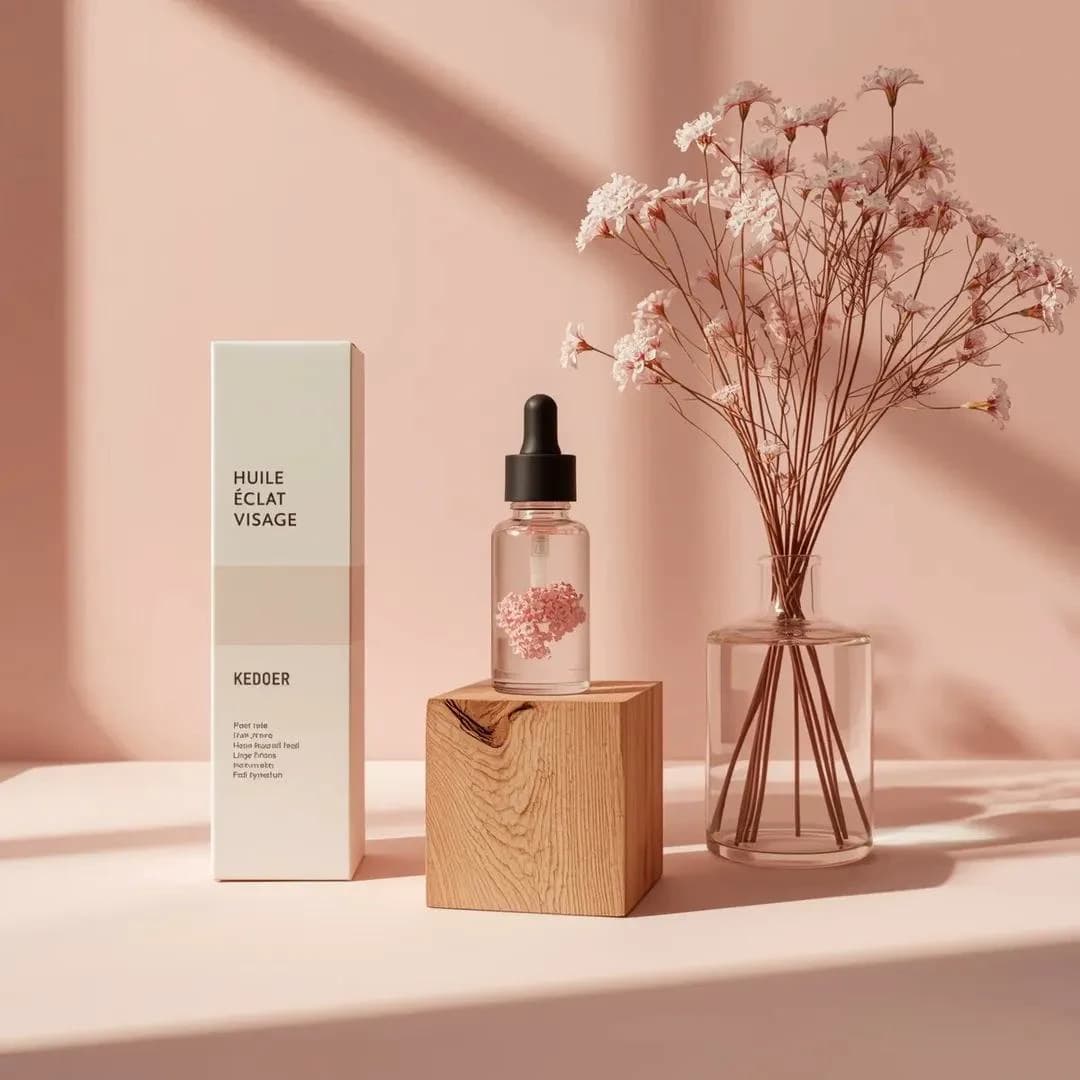 Minimal pink skincare product shot with facial serum dropper bottle, white box, flowers and soft studio shadows