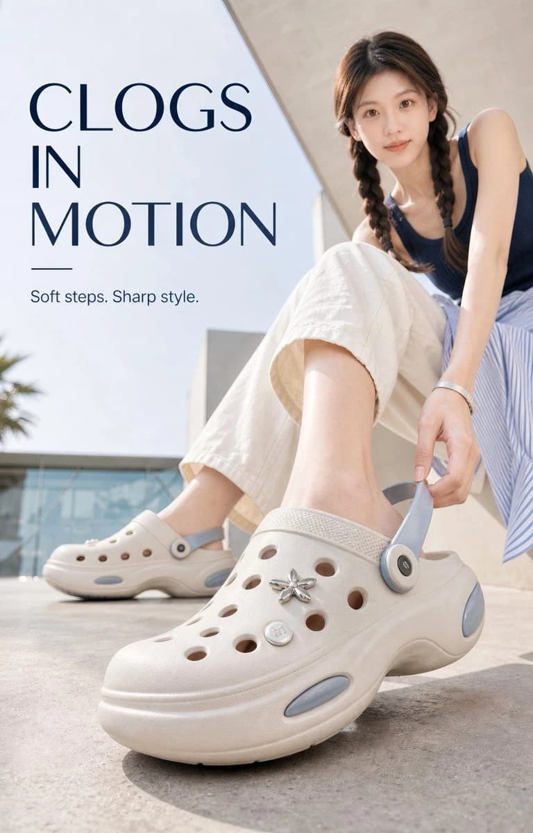A woman in a modern summer outfit showcases perforated foam clogs in a sunlit architectural setting, emphasizing comfort and style
