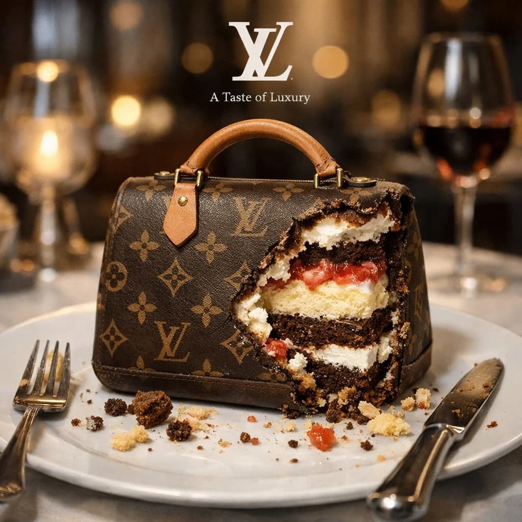 Layered dessert food advertisement with creamy product hero, floating ingredients and polished commercial lighting