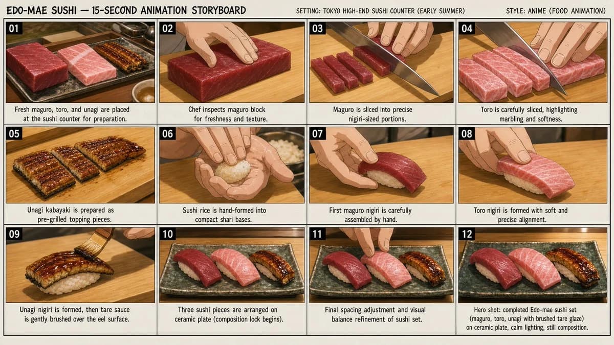 Anime storyboard sheet for Edo-style sushi preparation with cooking panels, chef hand techniques and polished food animation continuity