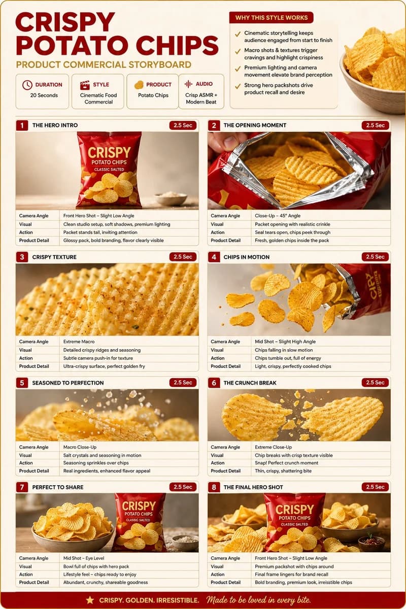 Food Product Commercial Storyboard with sequential panels, clear scene planning and cinematic visual flow