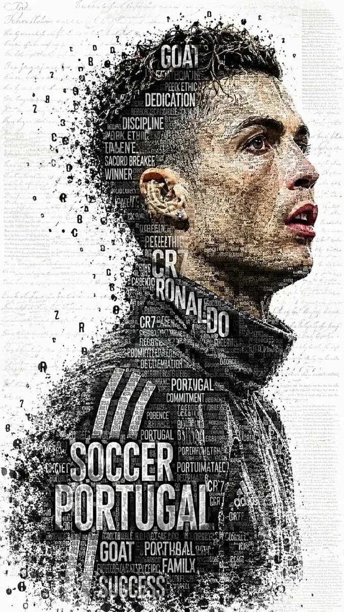 A high-contrast football legend typographic artwork with a side-profile athlete formed from dense text and editorial word-cloud texture