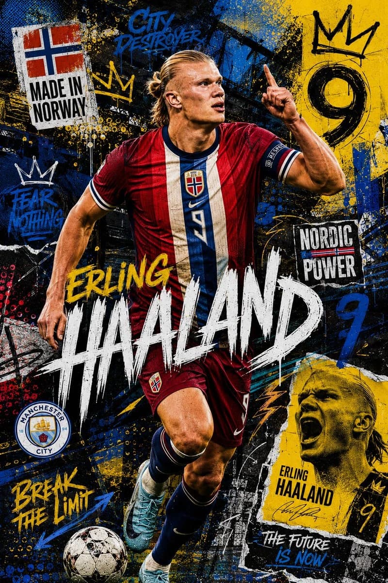 A soccer player in a red and blue jersey poses against a colorful graffiti background with bold text.