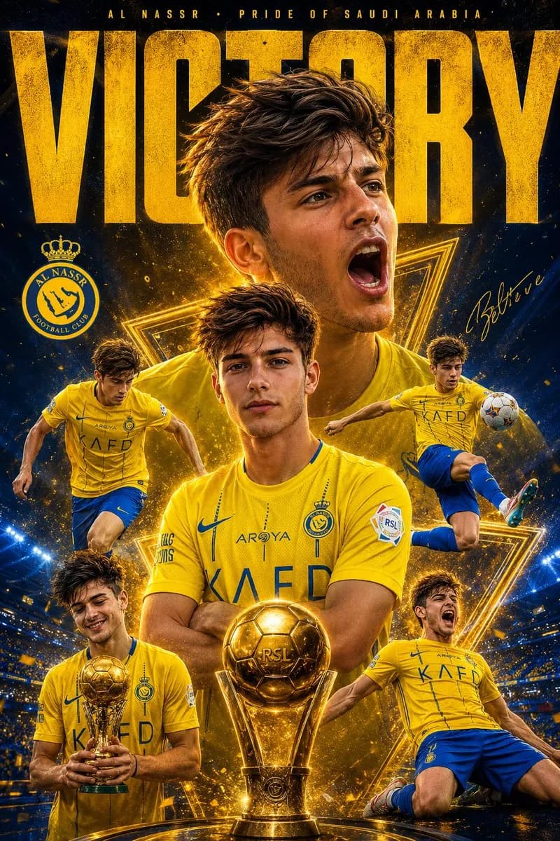 Dynamic football victory poster shows a yellow-kit player montage with trophy, stadium lights and bold golden graphics