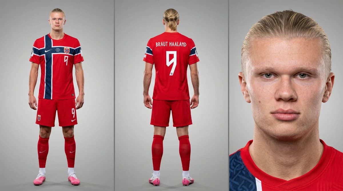 Footballer triptych character card showing front, back and close-up studio views in a red national kit