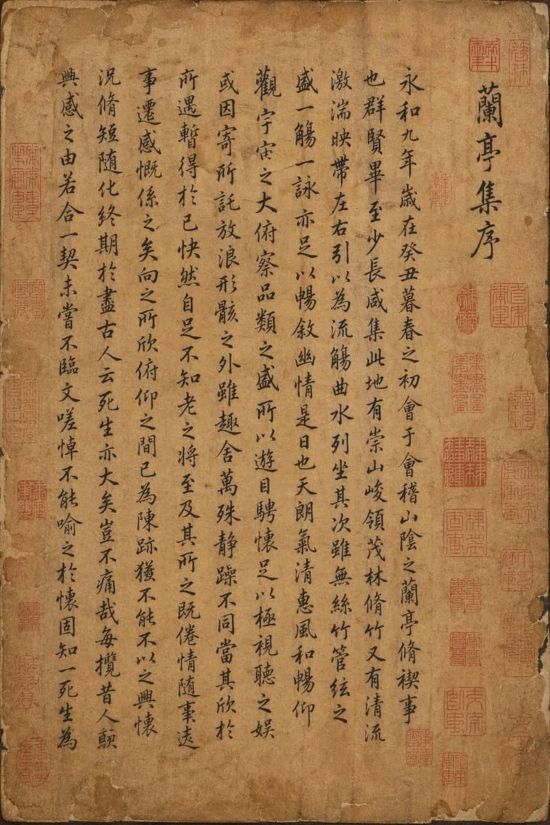 Ancient manuscript featuring intricate Chinese calligraphy on aged paper, adorned with red seals