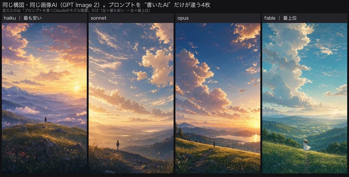 Four-Panel AI Landscape Comparison with side-by-side visual comparison, clear panel structure and readable style contrast