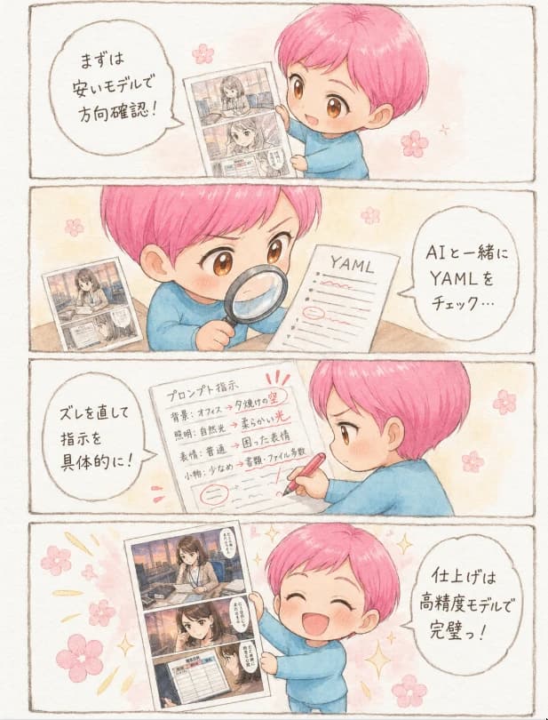 Four-panel AI manga workflow comic with a chibi mascot, watercolor panels, and step-by-step creative process storytelling.