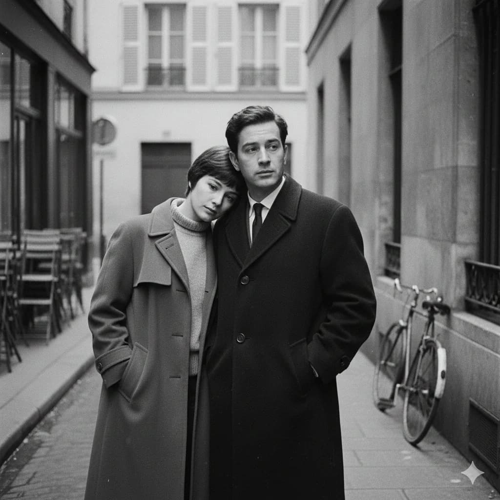 French New Wave inspired film still with cinematic street mood, retro styling and grainy editorial composition
