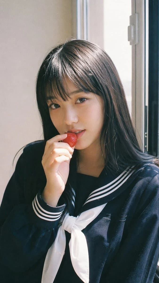A young Japanese female idol in a sailor-style school uniform holds a strawberry near her lips, bathed in soft natural light