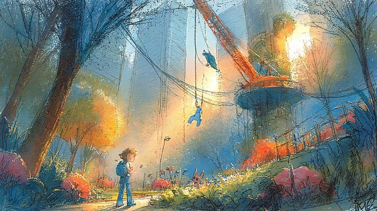 Cinematic key art of a crane-filled park with a full-bleed scenic composition