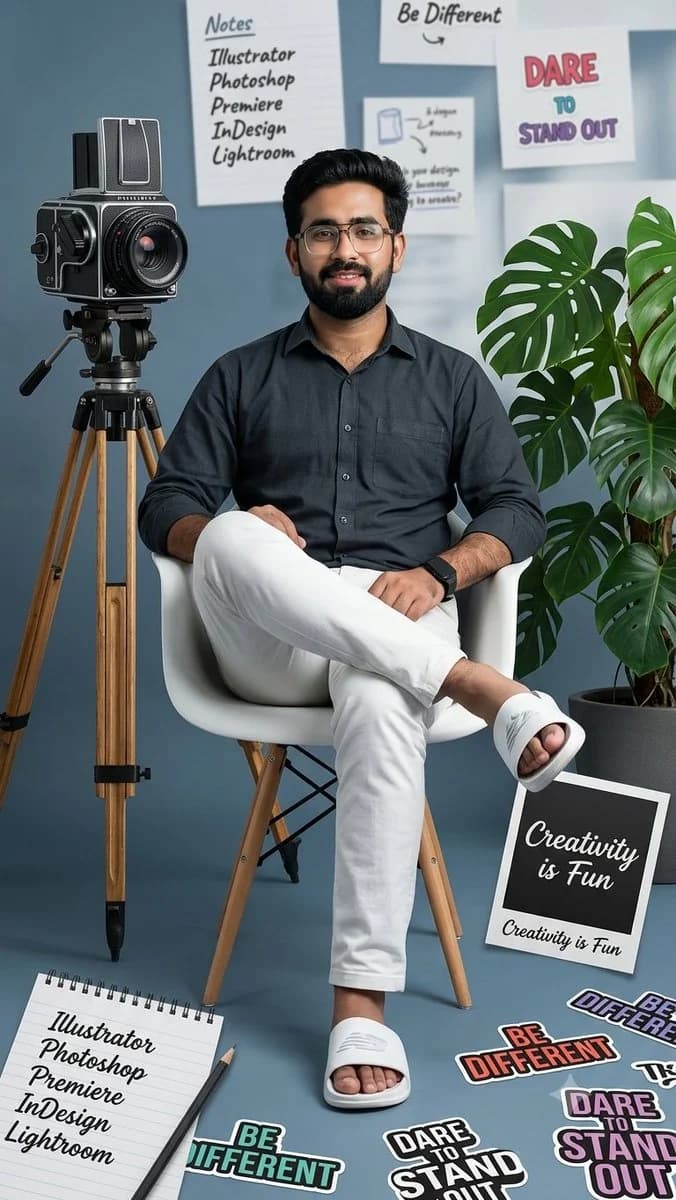 Full-body studio fashion portrait of a man posed on a white chair against a clean minimal backdrop
