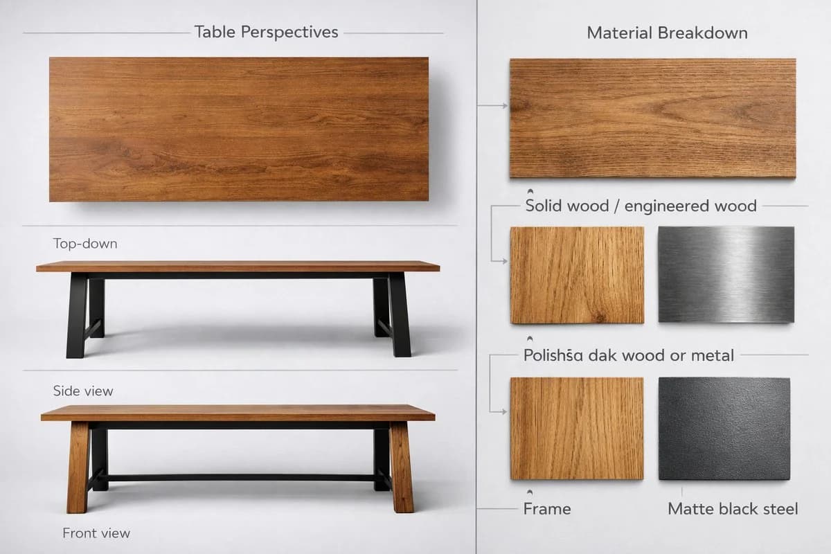 Furniture product sheet layout showing chair and decor views, dimensions, material notes and clean catalog presentation
