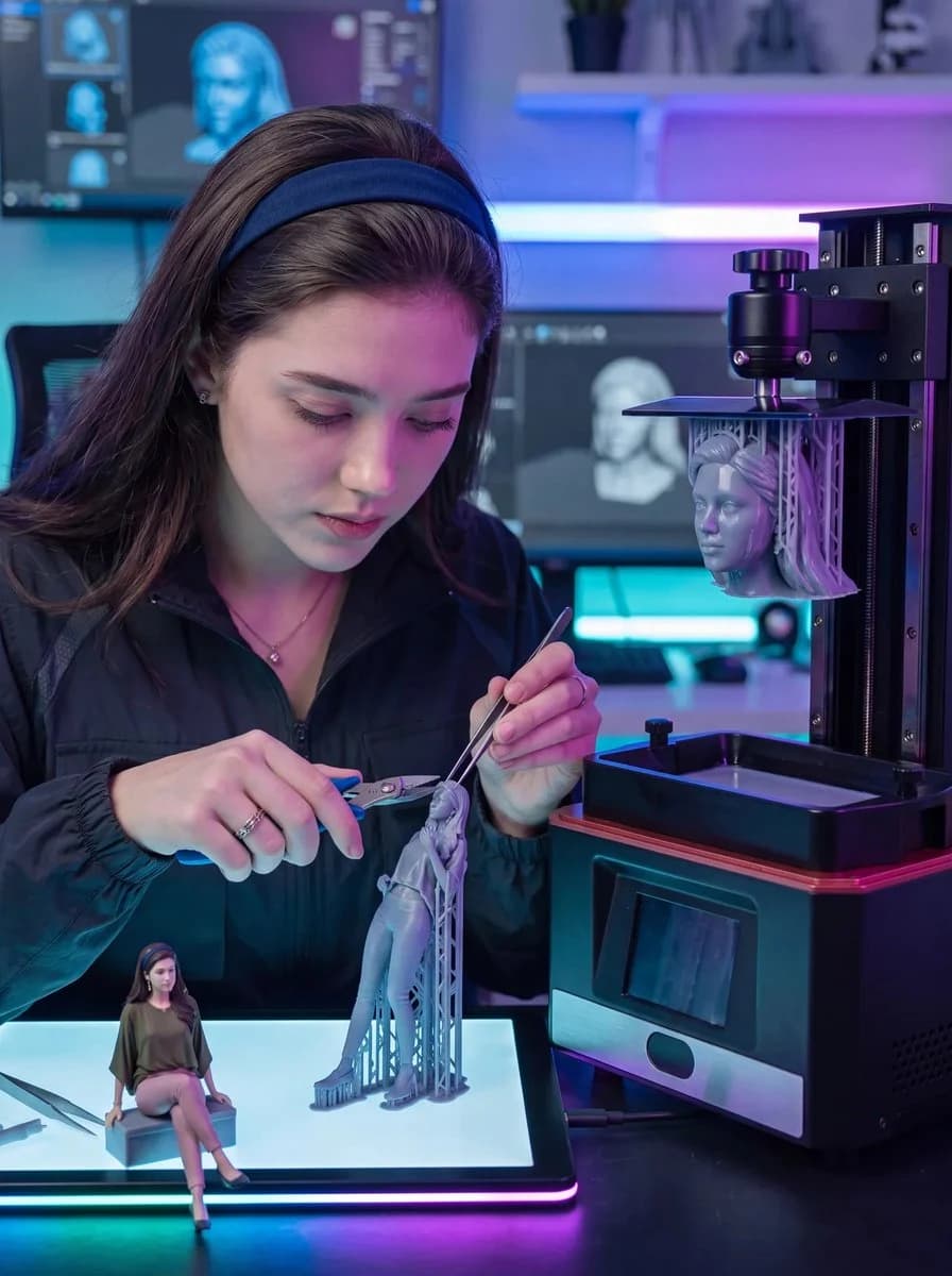 Futuristic 3D Printing Lab Portrait ad creative visual