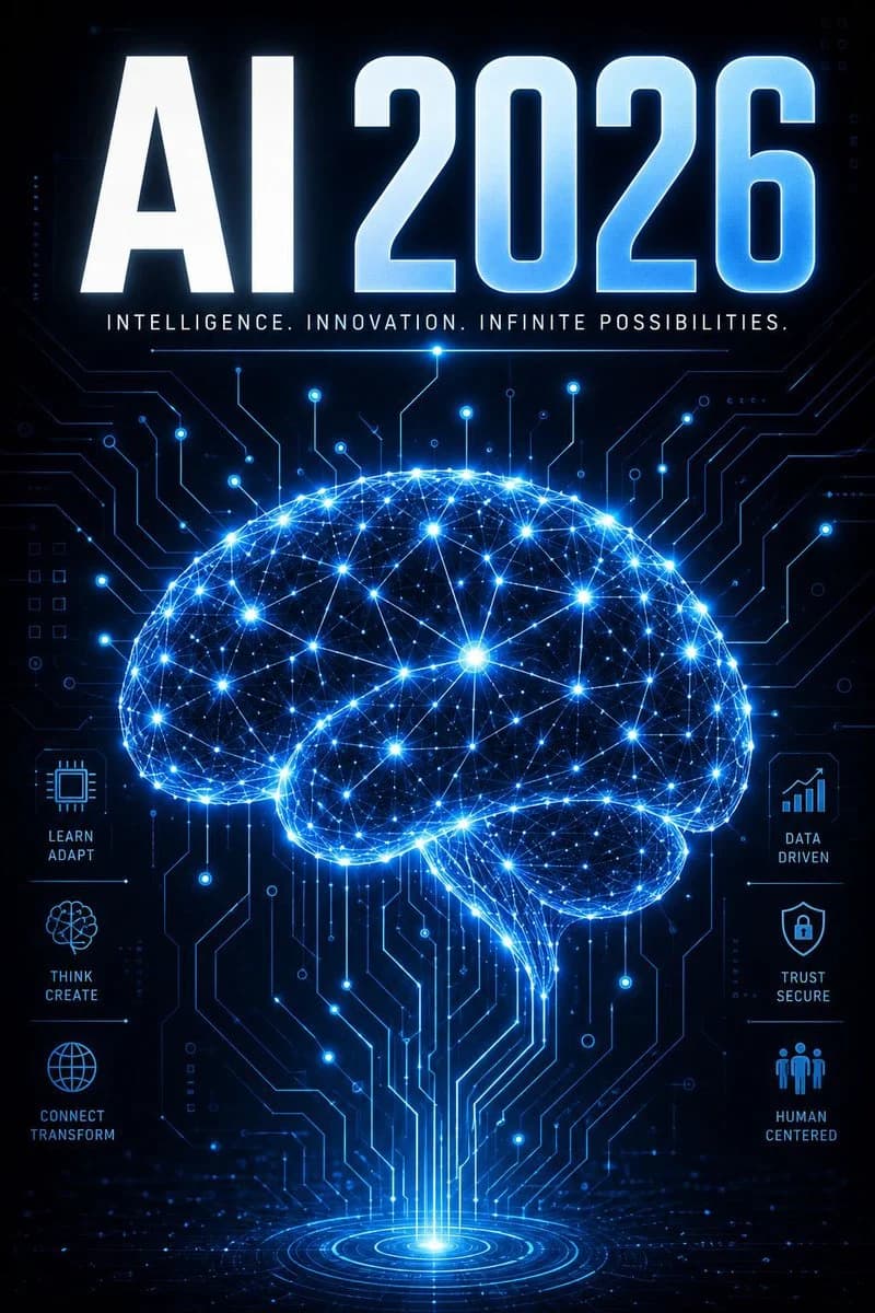 Futuristic AI 2026 Tech Poster with structured callouts, clean hierarchy, and educational poster layout
