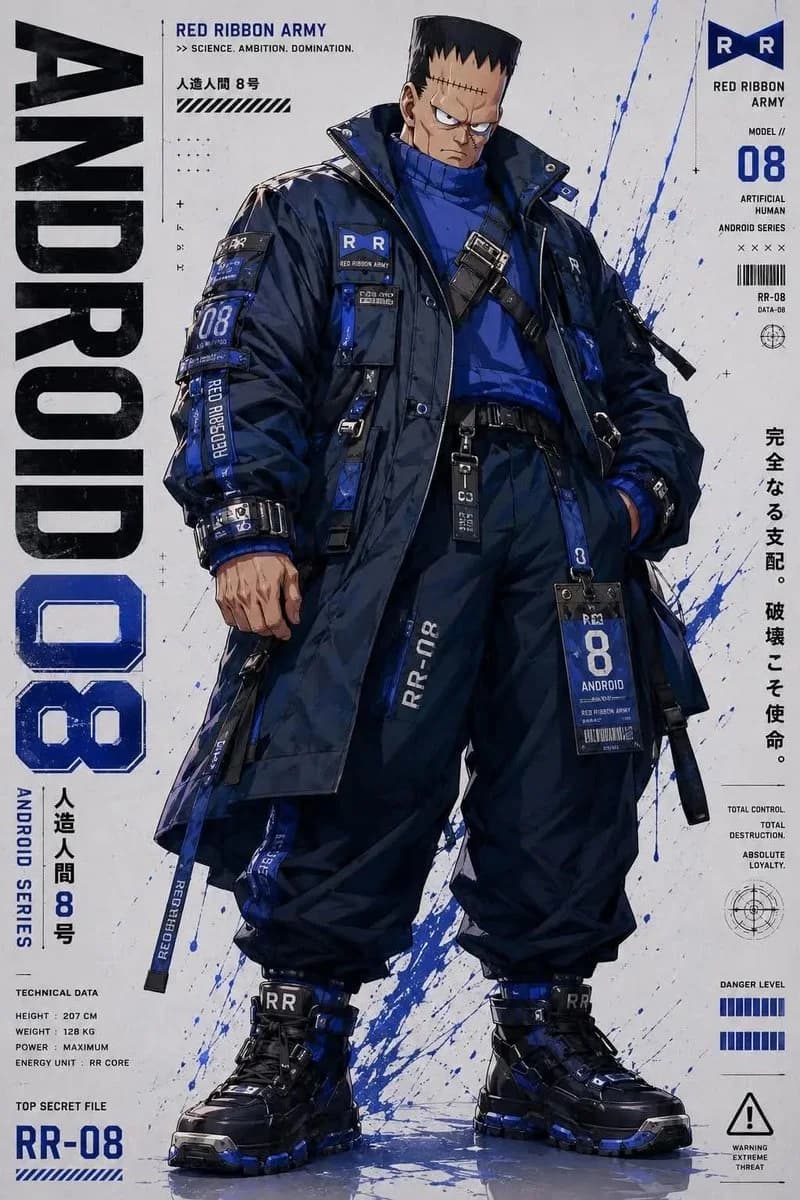 A highly detailed production sheet for reimagining anime characters as modern cyberpunk tactical operatives with techwear fashion and industrial graphics