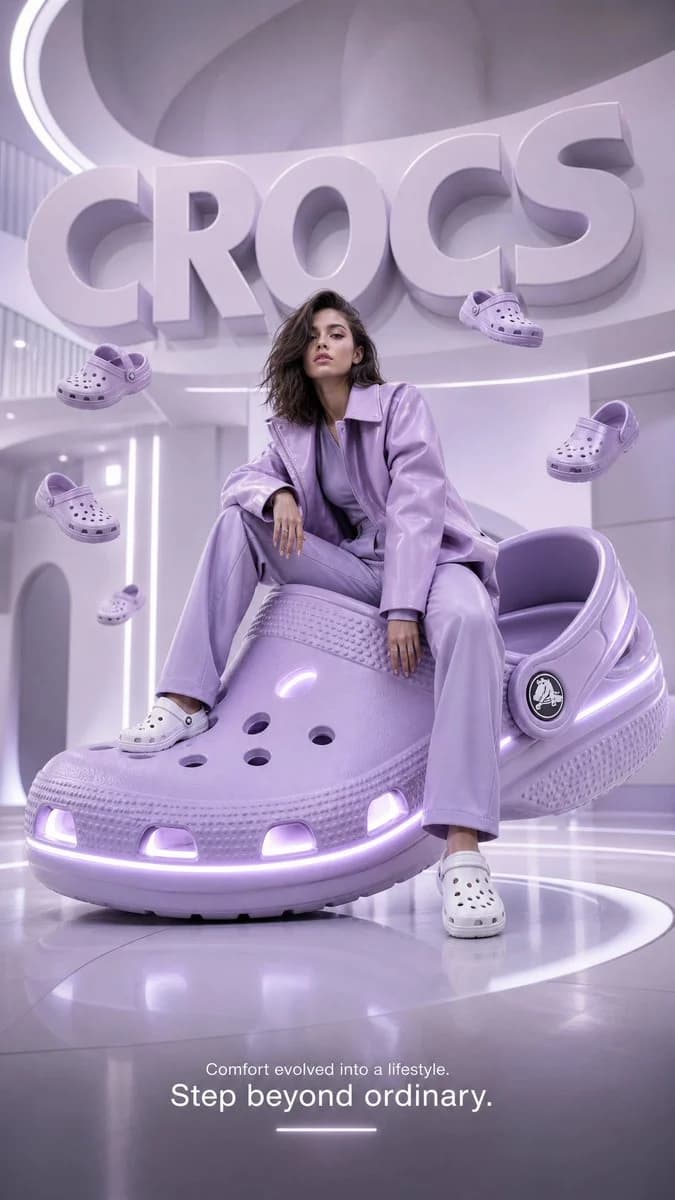 Futuristic Crocs Fashion Advertising Poster with campaign-ready composition, brand-focused styling and premium commercial lighting