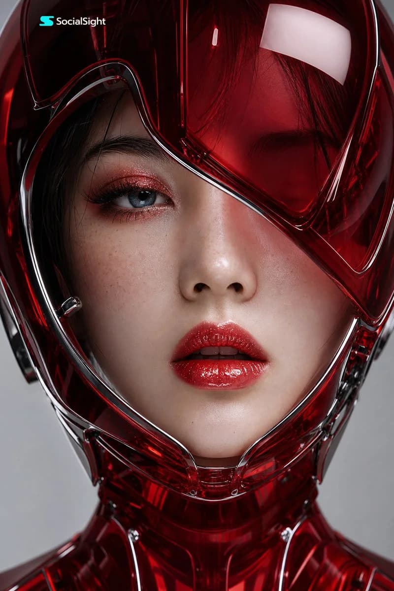 A close-up portrait of a woman in a glossy crimson cyber helmet, featuring porcelain skin, blue-gray eyes, and glossy red lips.