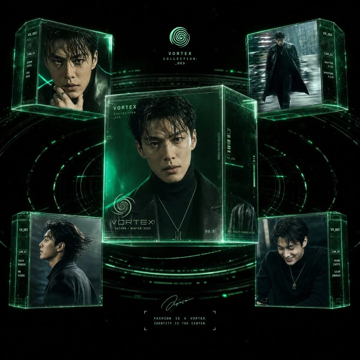 Hyper-realistic cyberpunk fashion editorial poster inside a holographic VORTEX COLLECTION UI system