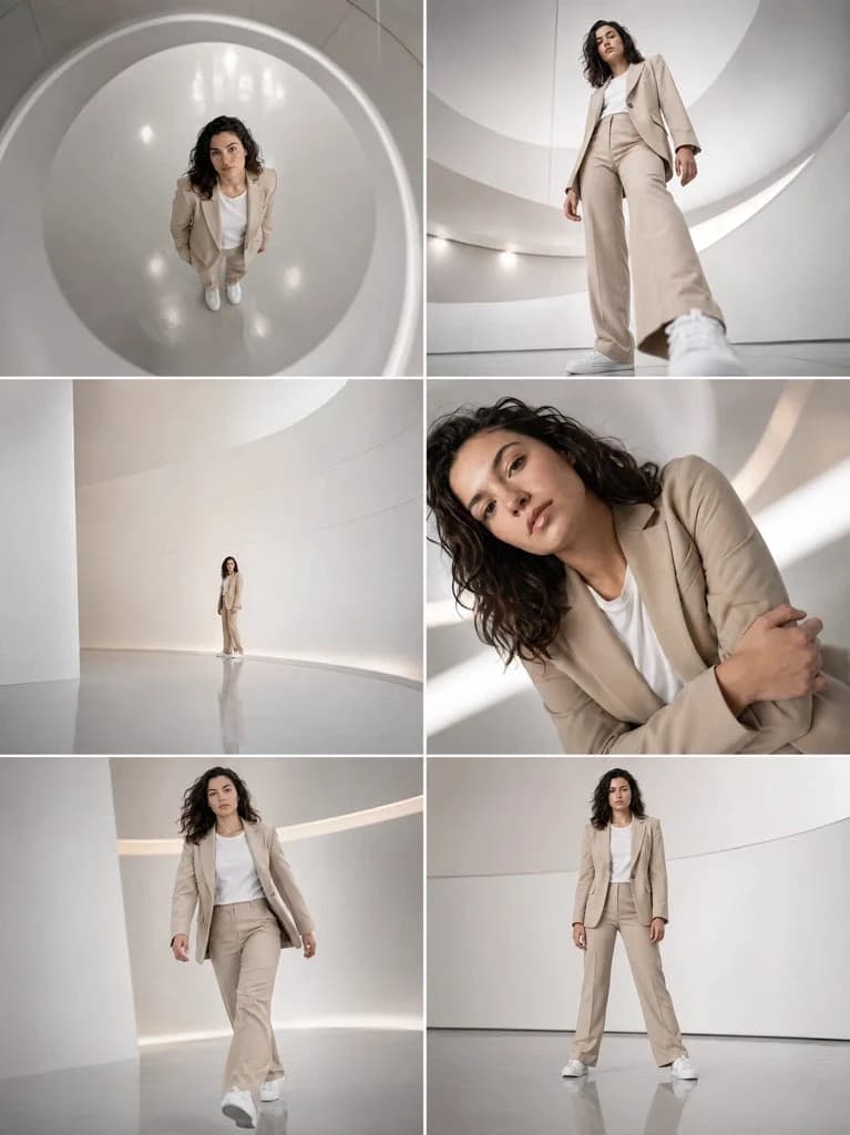 A model in a beige suit and white sneakers poses in a futuristic, curved hall with soft lighting and reflective flooring, showcasing dynamic angles