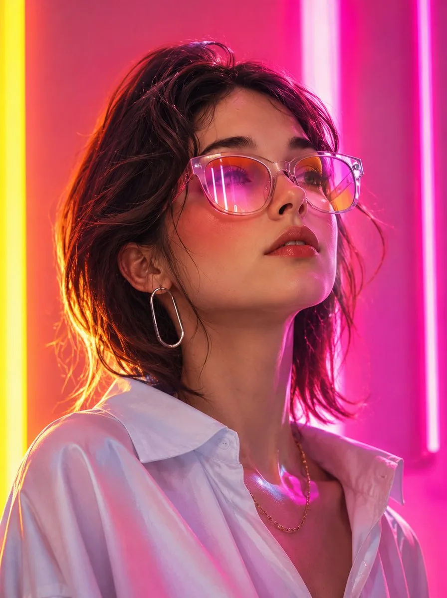Neon fashion editorial portrait shows a woman in translucent pink glasses lit by yellow and magenta studio light