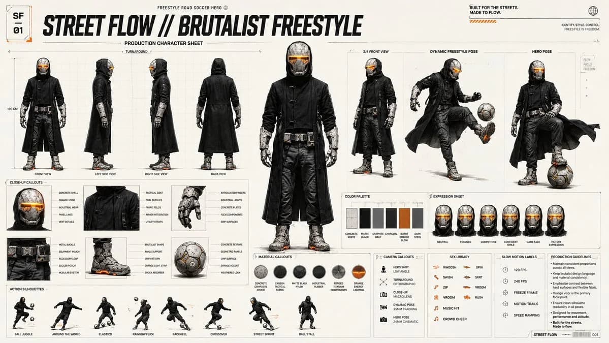 Full-body character turnaround sheet of a futuristic scout, showcasing front, side, and back views with detailed armor and glowing accents.